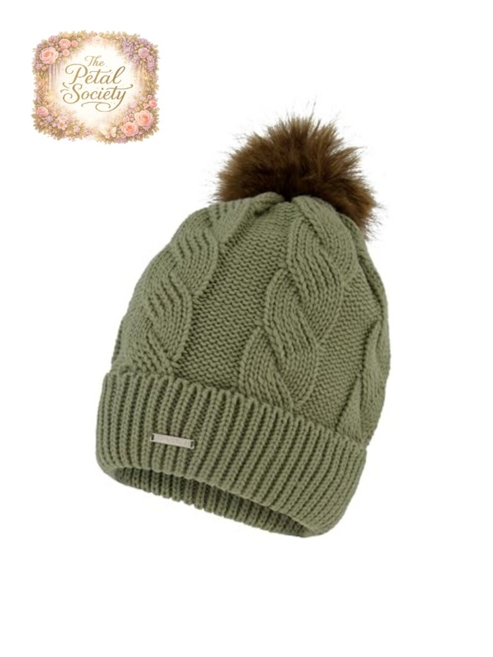 Cable Knit Pom Pom Beanie with Ribbed Cuff